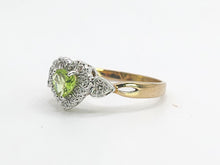 Cargar imagen en el visor de la galería, 1631: Vintage: 9ct Gold Heart-Cut Peridot 14 Diamonds Cluster Ring- Lush, sparkling, beauty
