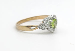 1631: Vintage: 9ct Gold Heart-Cut Peridot 14 Diamonds Cluster Ring- Lush, sparkling, beauty