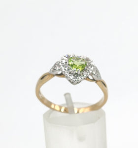 1631: Vintage: 9ct Gold Heart-Cut Peridot 14 Diamonds Cluster Ring- Lush, sparkling, beauty