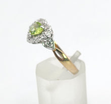 Cargar imagen en el visor de la galería, 1631: Vintage: 9ct Gold Heart-Cut Peridot 14 Diamonds Cluster Ring- Lush, sparkling, beauty
