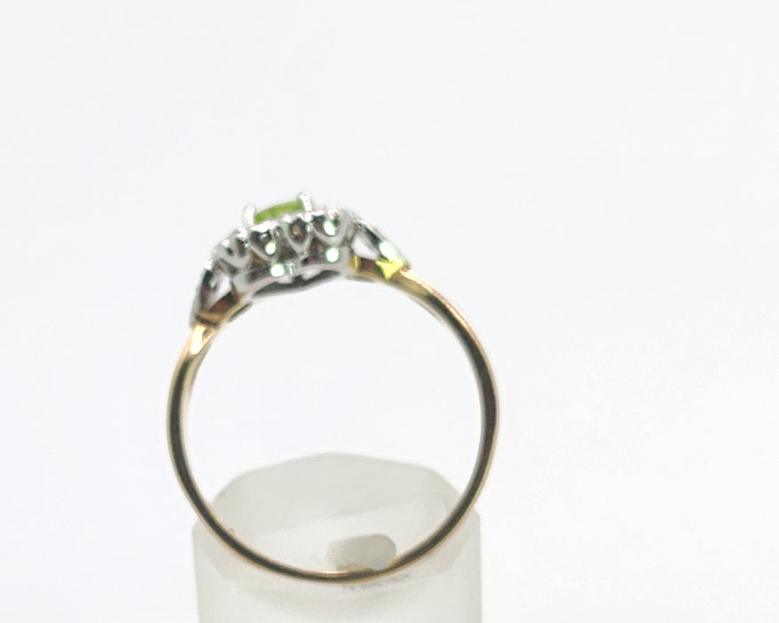 1631: Vintage: 9ct Gold Heart-Cut Peridot 14 Diamonds Cluster Ring- Lush, sparkling, beauty