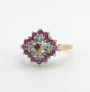 6221 Vintage: 9ct Gold Diamonds Rubies Cluster Ring- From 1985