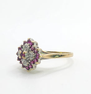 6221 Vintage: 9ct Gold Diamonds Rubies Cluster Ring- From 1985