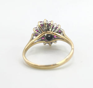 6221 Vintage: 9ct Gold Diamonds Rubies Cluster Ring- From 1985