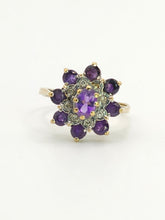 Load image into Gallery viewer, 1548: Vintage: 9ct Gold Amethysts Diamonds Flowerhead Cluster Ring- delightful
