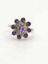 Load image into Gallery viewer, 1548: Vintage: 9ct Gold Amethysts Diamonds Flowerhead Cluster Ring- delightful
