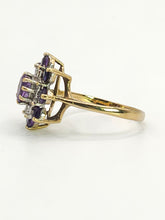 Load image into Gallery viewer, 1548: Vintage: 9ct Gold Amethysts Diamonds Flowerhead Cluster Ring- delightful
