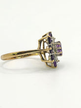 Load image into Gallery viewer, 1548: Vintage: 9ct Gold Amethysts Diamonds Flowerhead Cluster Ring- delightful
