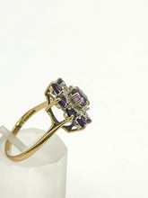 Load image into Gallery viewer, 1548: Vintage: 9ct Gold Amethysts Diamonds Flowerhead Cluster Ring- delightful
