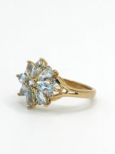 1549: Vintage: 9ct Gold Blue Aquamarines Diamonds Starburst Cluster Ring- total eye candy