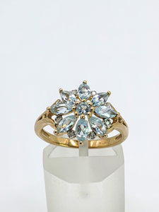 1549: Vintage: 9ct Gold Blue Aquamarines Diamonds Starburst Cluster Ring- total eye candy