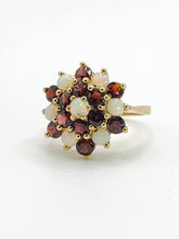 Load image into Gallery viewer, 1596: Vintage:&nbsp; 9ct Gold White Opals Red Garnets Flowerhead Cluster Ring- From 1972
