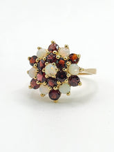 Load image into Gallery viewer, 1596: Vintage:&nbsp; 9ct Gold White Opals Red Garnets Flowerhead Cluster Ring- From 1972
