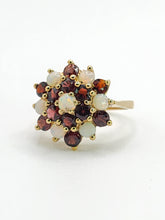 Load image into Gallery viewer, 1596: Vintage:&nbsp; 9ct Gold White Opals Red Garnets Flowerhead Cluster Ring- From 1972
