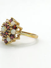 Load image into Gallery viewer, 1596: Vintage:&nbsp; 9ct Gold White Opals Red Garnets Flowerhead Cluster Ring- From 1972
