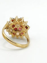 Load image into Gallery viewer, 1596: Vintage:&nbsp; 9ct Gold White Opals Red Garnets Flowerhead Cluster Ring- From 1972
