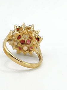 1596: Vintage:&nbsp; 9ct Gold White Opals Red Garnets Flowerhead Cluster Ring- From 1972