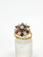 Load image into Gallery viewer, 1596: Vintage:&nbsp; 9ct Gold White Opals Red Garnets Flowerhead Cluster Ring- From 1972

