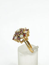 Load image into Gallery viewer, 1596: Vintage:&nbsp; 9ct Gold White Opals Red Garnets Flowerhead Cluster Ring- From 1972
