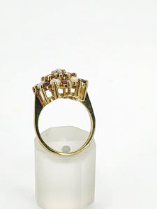 1596: Vintage:&nbsp; 9ct Gold White Opals Red Garnets Flowerhead Cluster Ring- From 1972