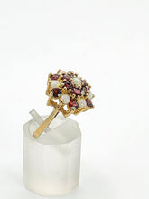Load image into Gallery viewer, 1596: Vintage:&nbsp; 9ct Gold White Opals Red Garnets Flowerhead Cluster Ring- From 1972
