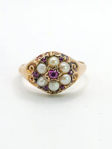 1607: Antique: 15ct Gold Rubies Pearls Flowerhead Cluster Ring- From 1922- Remarkable