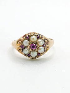 1607: Antique: 15ct Gold Rubies Pearls Flowerhead Cluster Ring- From 1922- Remarkable