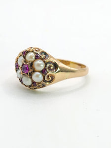 1607: Antique: 15ct Gold Rubies Pearls Flowerhead Cluster Ring- From 1922- Remarkable