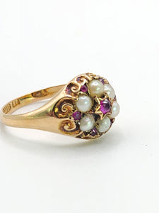 1607: Antique: 15ct Gold Rubies Pearls Flowerhead Cluster Ring- From 1922- Remarkable