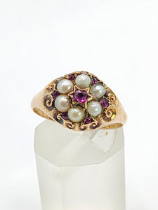 1607: Antique: 15ct Gold Rubies Pearls Flowerhead Cluster Ring- From 1922- Remarkable