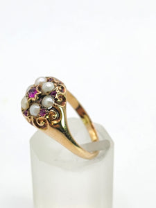 1607: Antique: 15ct Gold Rubies Pearls Flowerhead Cluster Ring- From 1922- Remarkable
