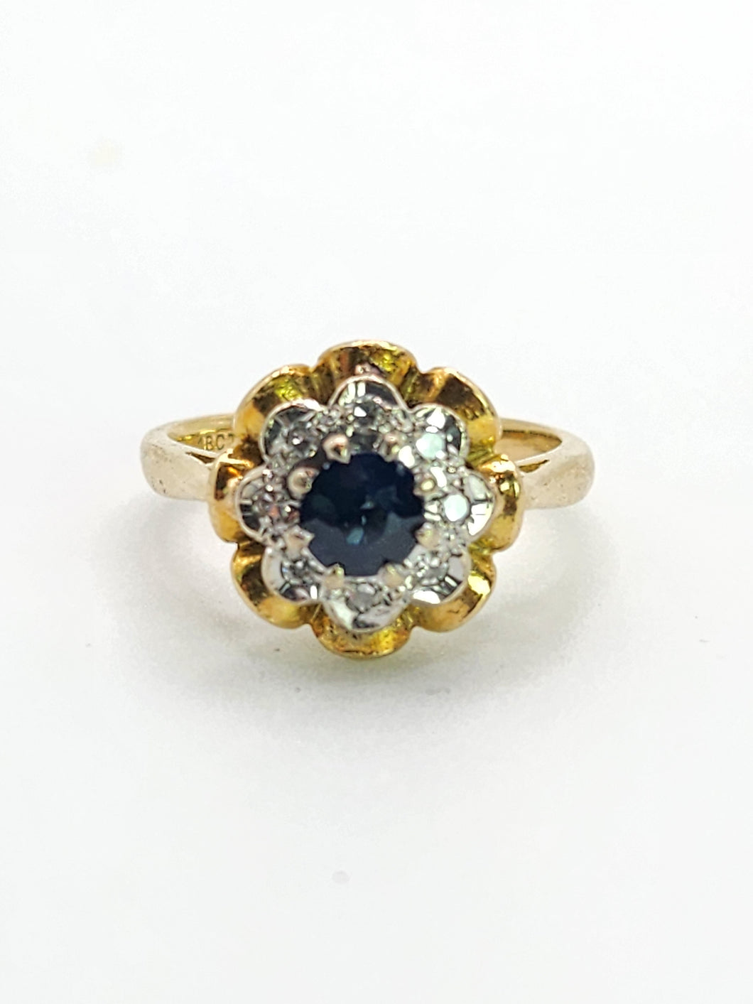 1707: Vintage: 18ct Gold French Blue Sapphire Diamonds Flowerhead Ring- Exquisite design.