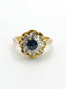 1707: Vintage: 18ct Gold French Blue Sapphire Diamonds Flowerhead Ring- Exquisite design.