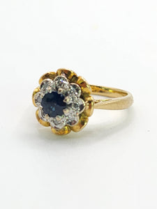 1707: Vintage: 18ct Gold French Blue Sapphire Diamonds Flowerhead Ring- Exquisite design.