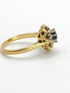1707: Vintage: 18ct Gold French Blue Sapphire Diamonds Flowerhead Ring- Exquisite design.