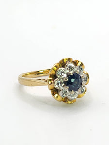 1707: Vintage: 18ct Gold French Blue Sapphire Diamonds Flowerhead Ring- Exquisite design.