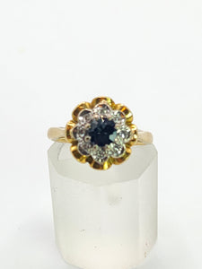 1707: Vintage: 18ct Gold French Blue Sapphire Diamonds Flowerhead Ring- Exquisite design.