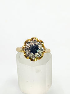 1707: Vintage: 18ct Gold French Blue Sapphire Diamonds Flowerhead Ring- Exquisite design.