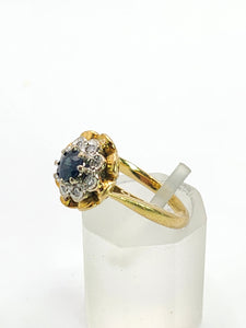 1707: Vintage: 18ct Gold French Blue Sapphire Diamonds Flowerhead Ring- Exquisite design.