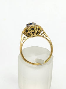 1707: Vintage: 18ct Gold French Blue Sapphire Diamonds Flowerhead Ring- Exquisite design.