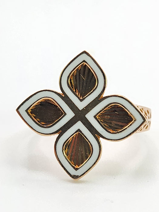 6522 Vintage: 14ct Rose Gold White Enamel Four-Petal Floral Ring