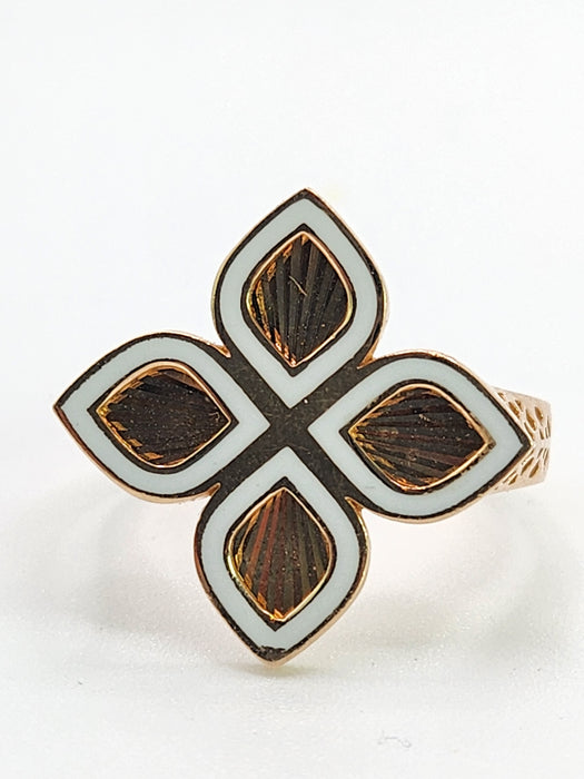 6522 Vintage: 14ct Rose Gold White Enamel Four-Petal Floral Ring