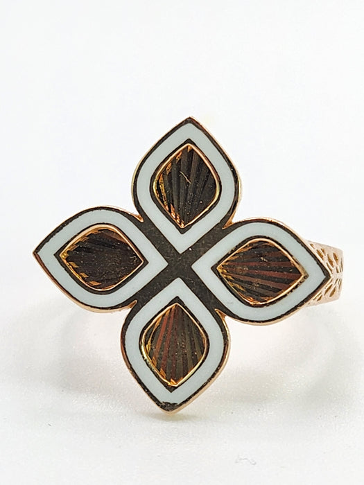 6522 Vintage: 14ct Rose Gold White Enamel Four-Petal Floral Ring