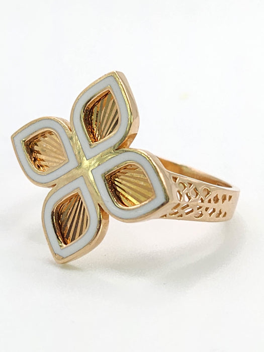 6522 Vintage: 14ct Rose Gold White Enamel Four-Petal Floral Ring