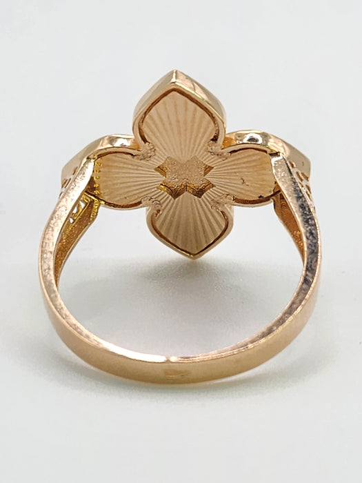 6522 Vintage: 14ct Rose Gold White Enamel Four-Petal Floral Ring