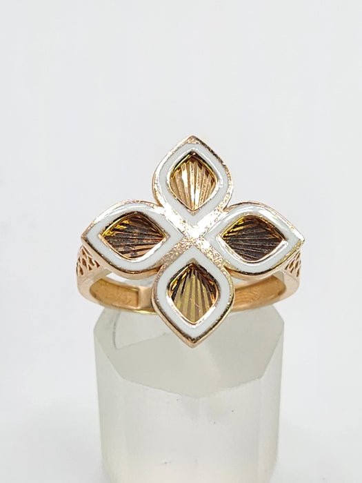 6522 Vintage: 14ct Rose Gold White Enamel Four-Petal Floral Ring