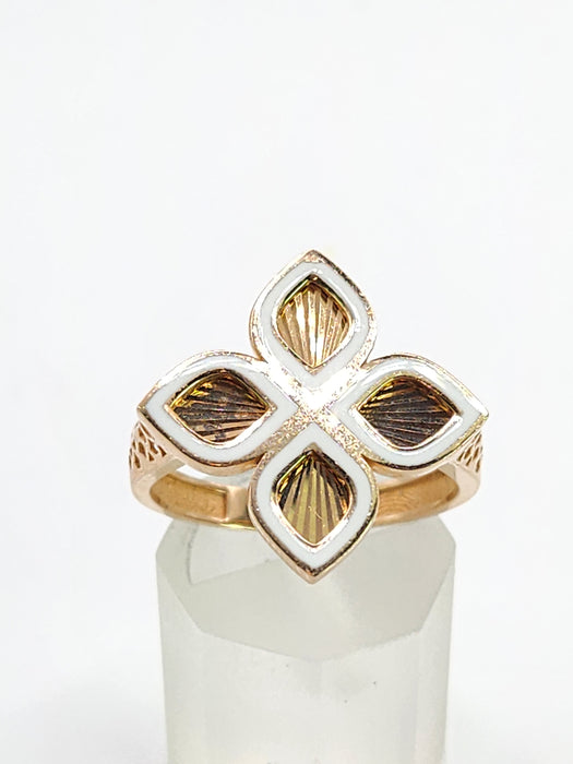 6522 Vintage: 14ct Rose Gold White Enamel Four-Petal Floral Ring