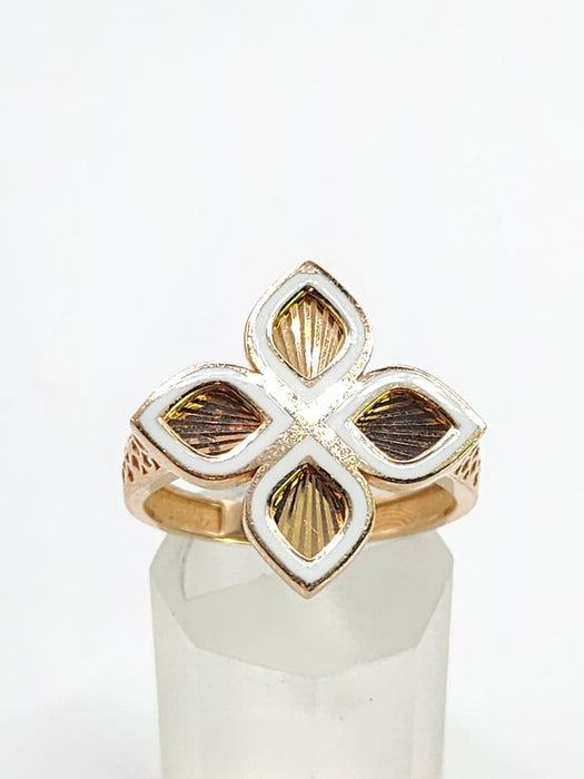 6522 Vintage: 14ct Rose Gold White Enamel Four-Petal Floral Ring