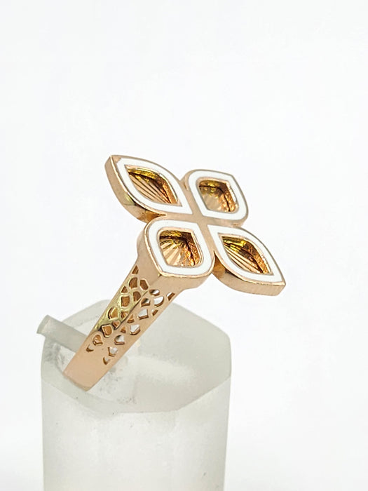 6522 Vintage: 14ct Rose Gold White Enamel Four-Petal Floral Ring