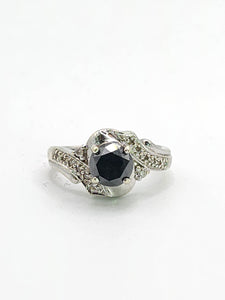 1760: Vintage: 9ct White Gold Black Diamond White Diamonds Halo Ring-Exquisite